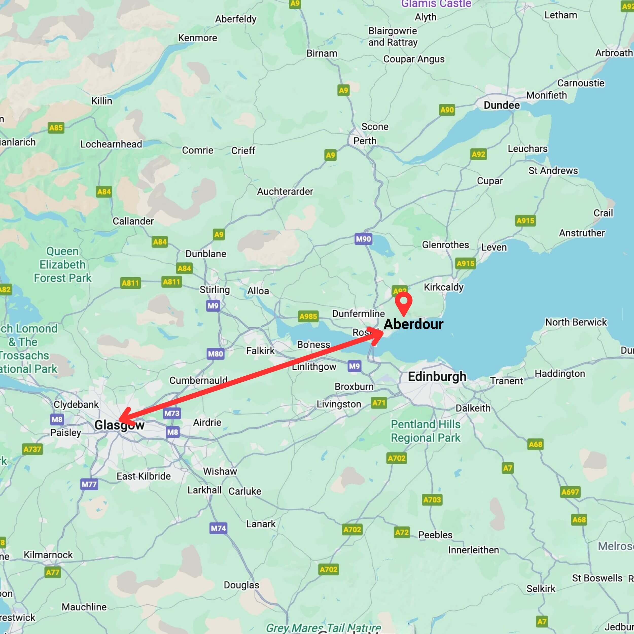 map showing private hire taxi route from glasgow to aberdour