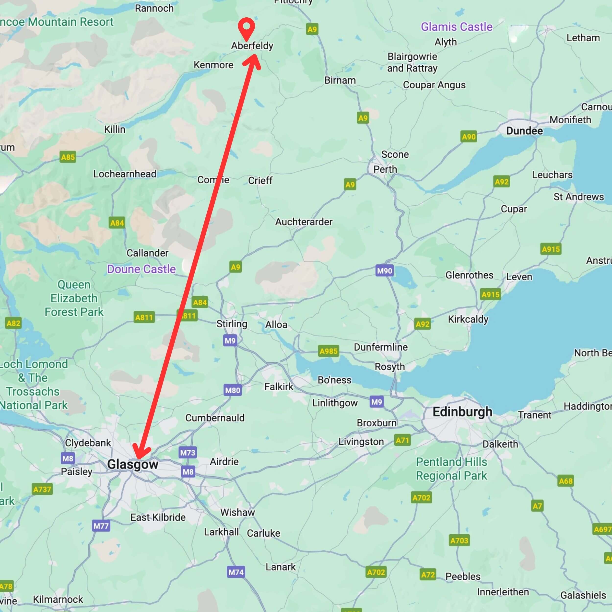 map showing private hire taxi route from glasgow to aberfeldy