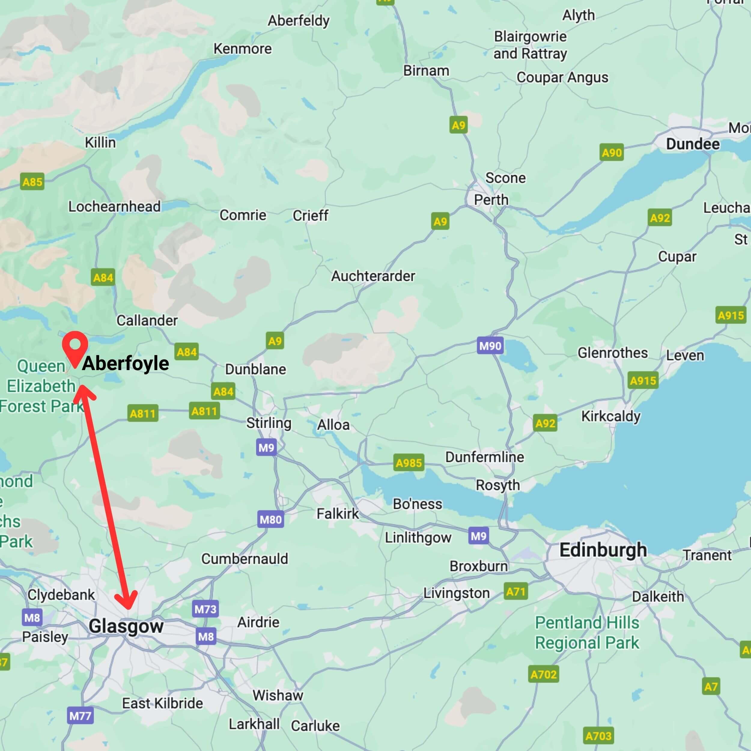 map showing private hire taxi route from glasgow to aberfoyle