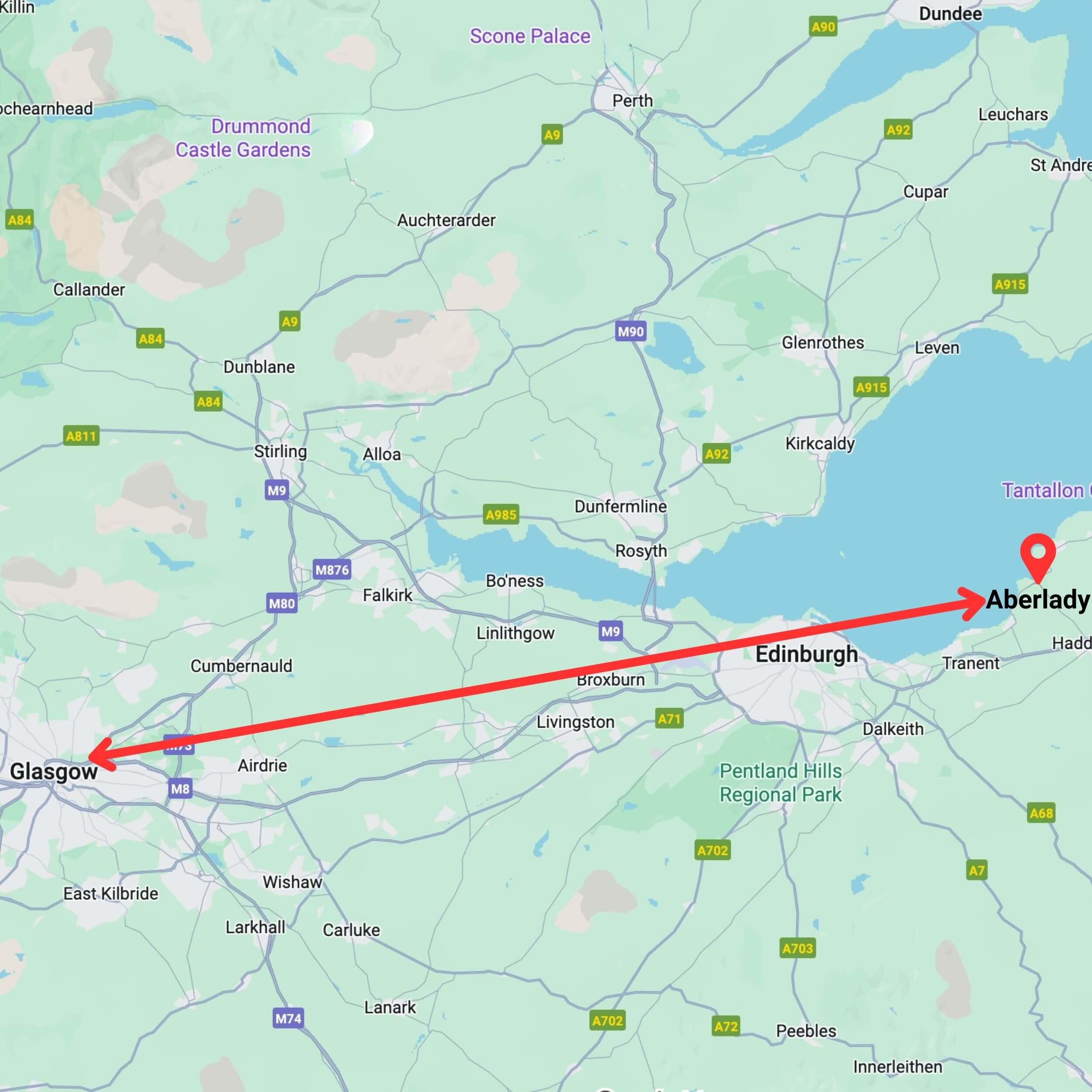 map showing private hire taxi route from glasgow to aberlady