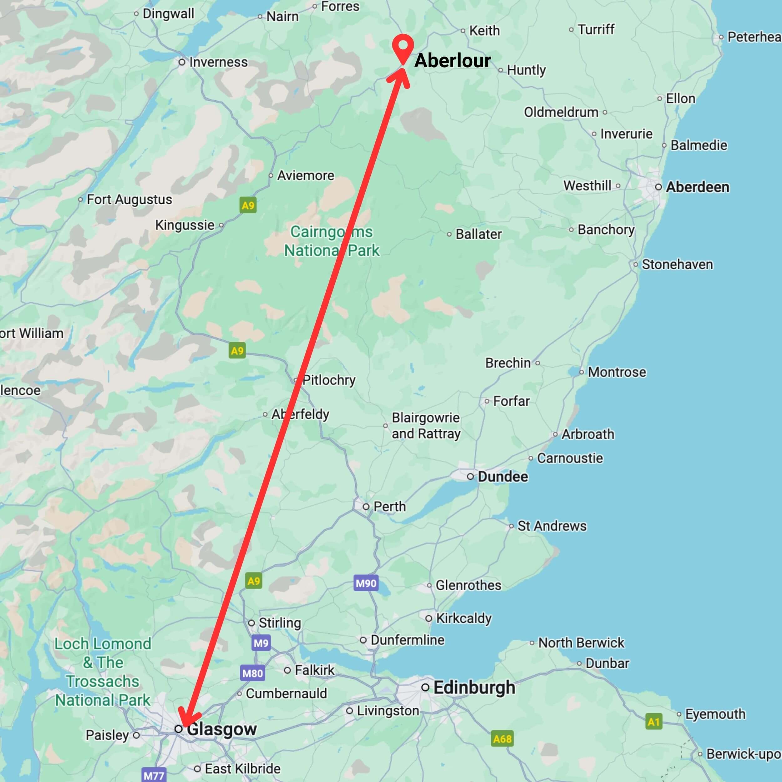 map showing private hire taxi route from glasgow to aberlour