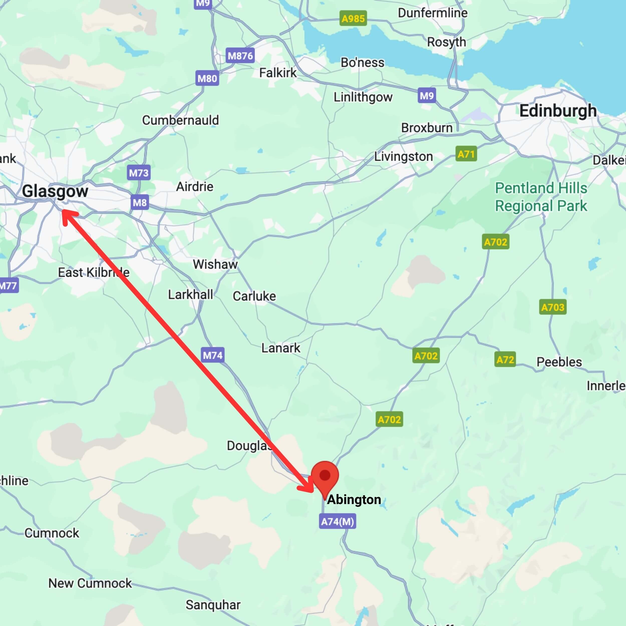 map showing private hire taxi route from glasgow to abington