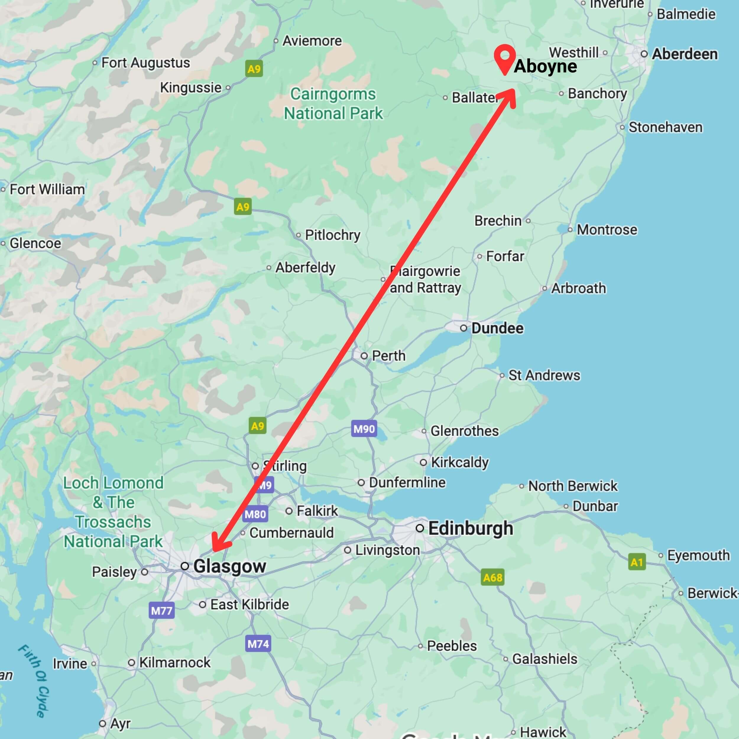 map showing private hire taxi route from glasgow to aboyne