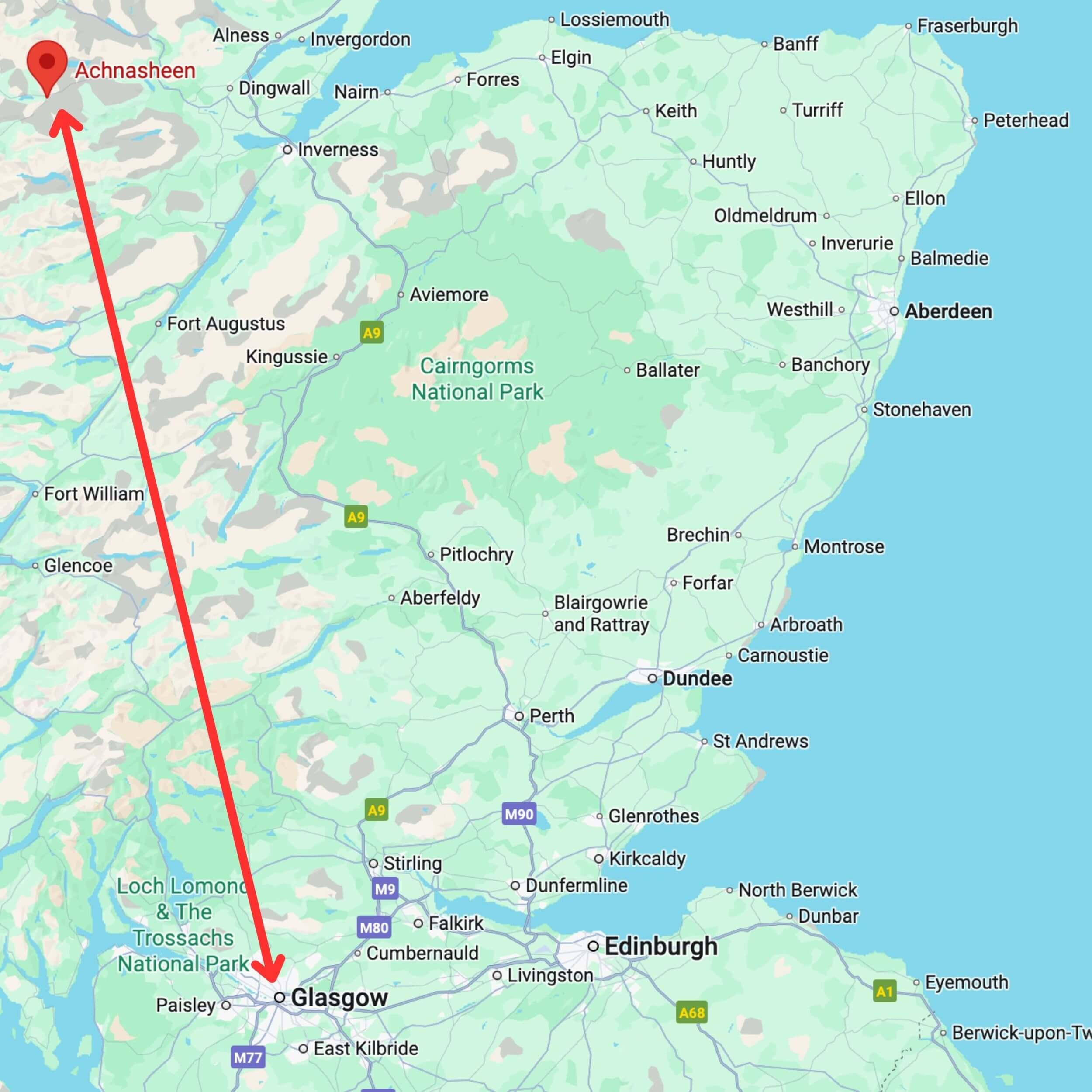 map showing private hire taxi route from glasgow to achnasheen