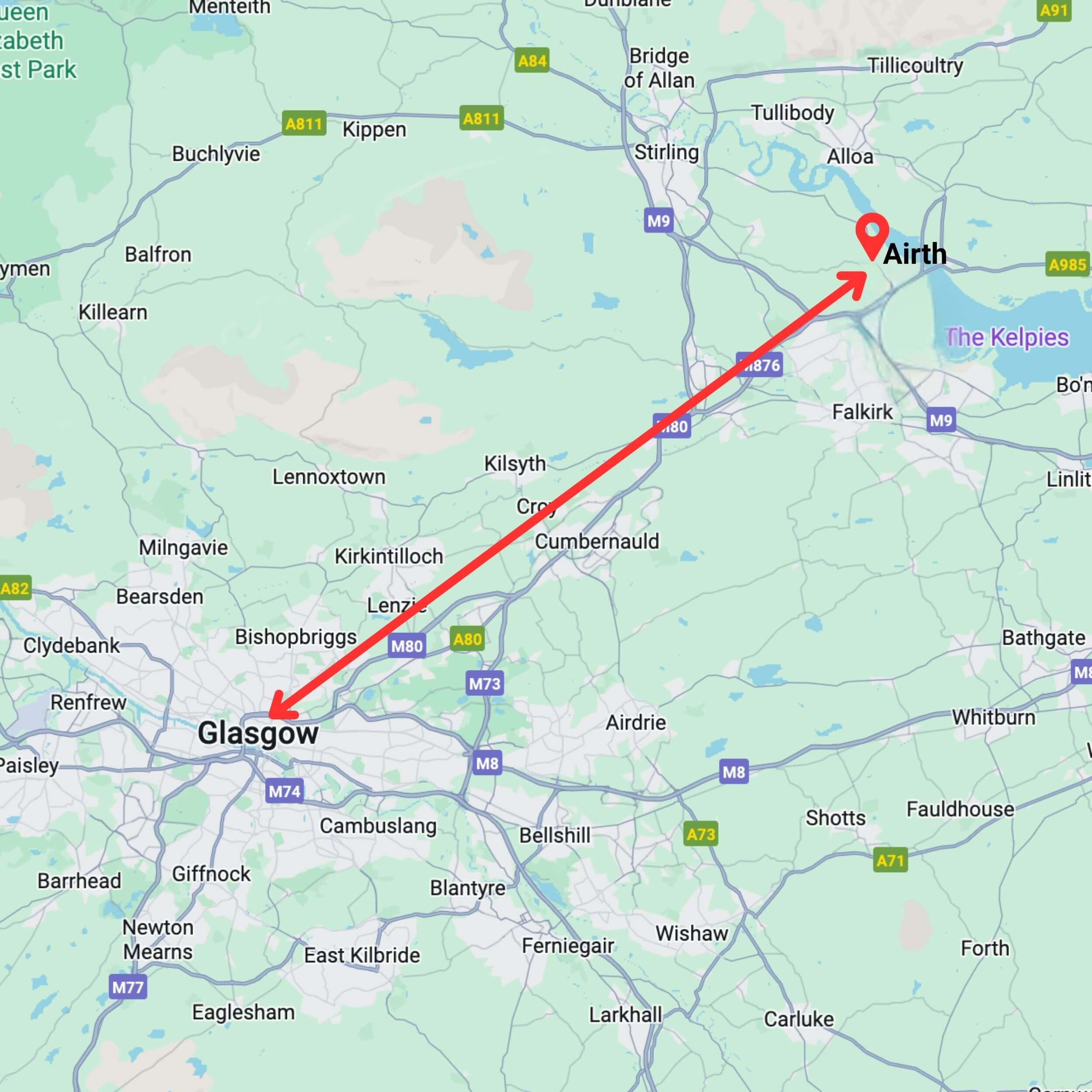 map showing private hire taxi route from glasgow to airth