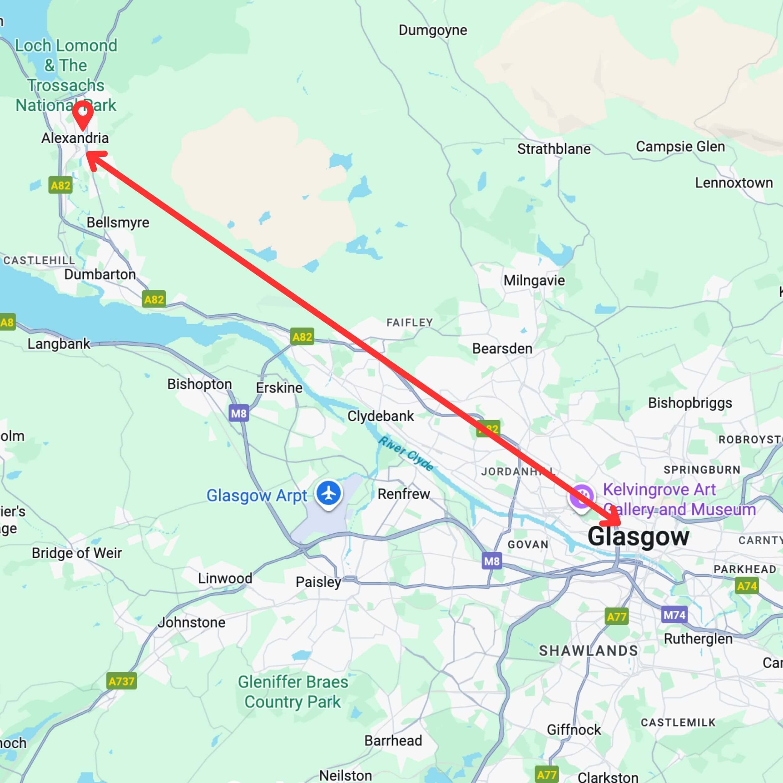 map showing private hire taxi route from glasgow to alexandria
