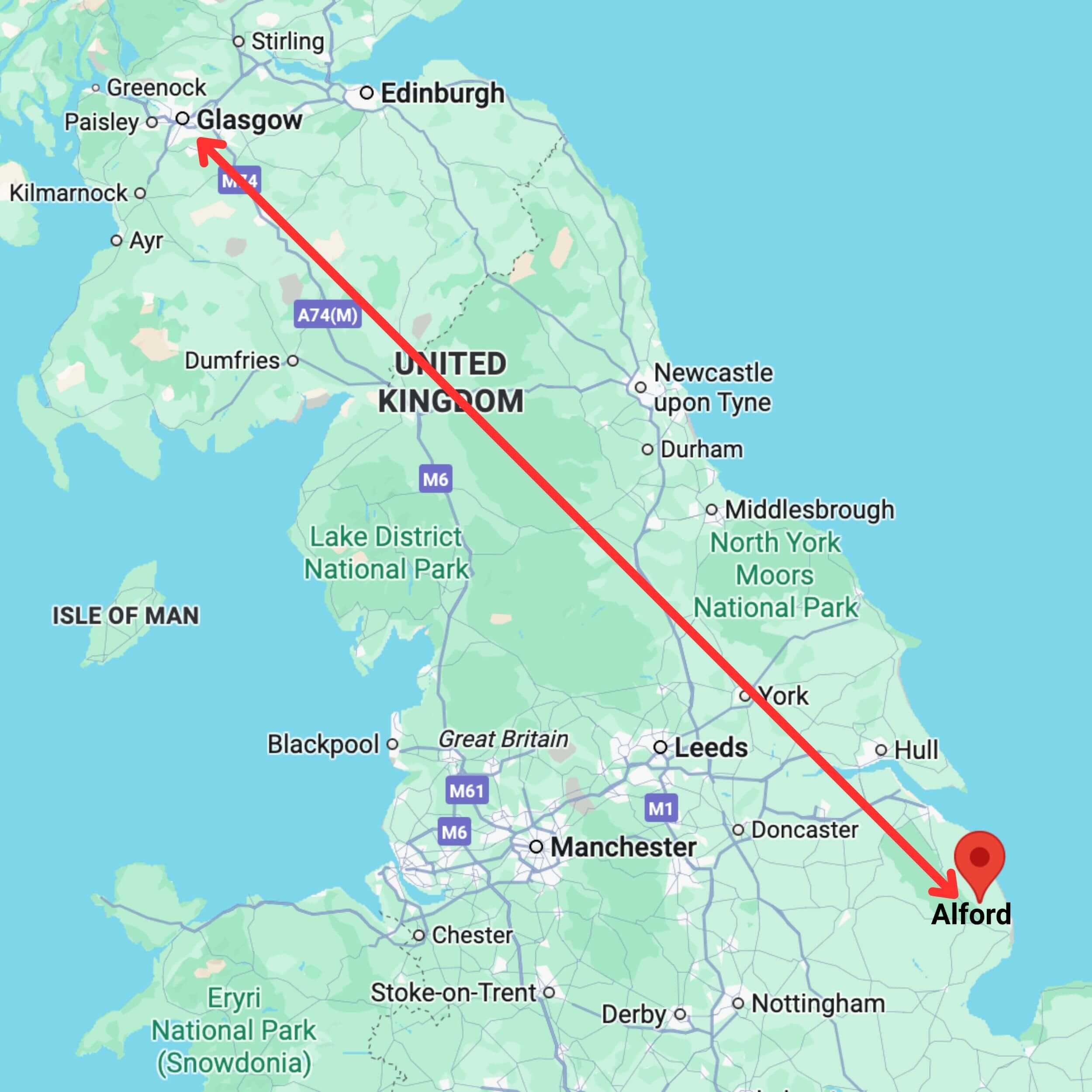 map showing private hire taxi route from glasgow to alford