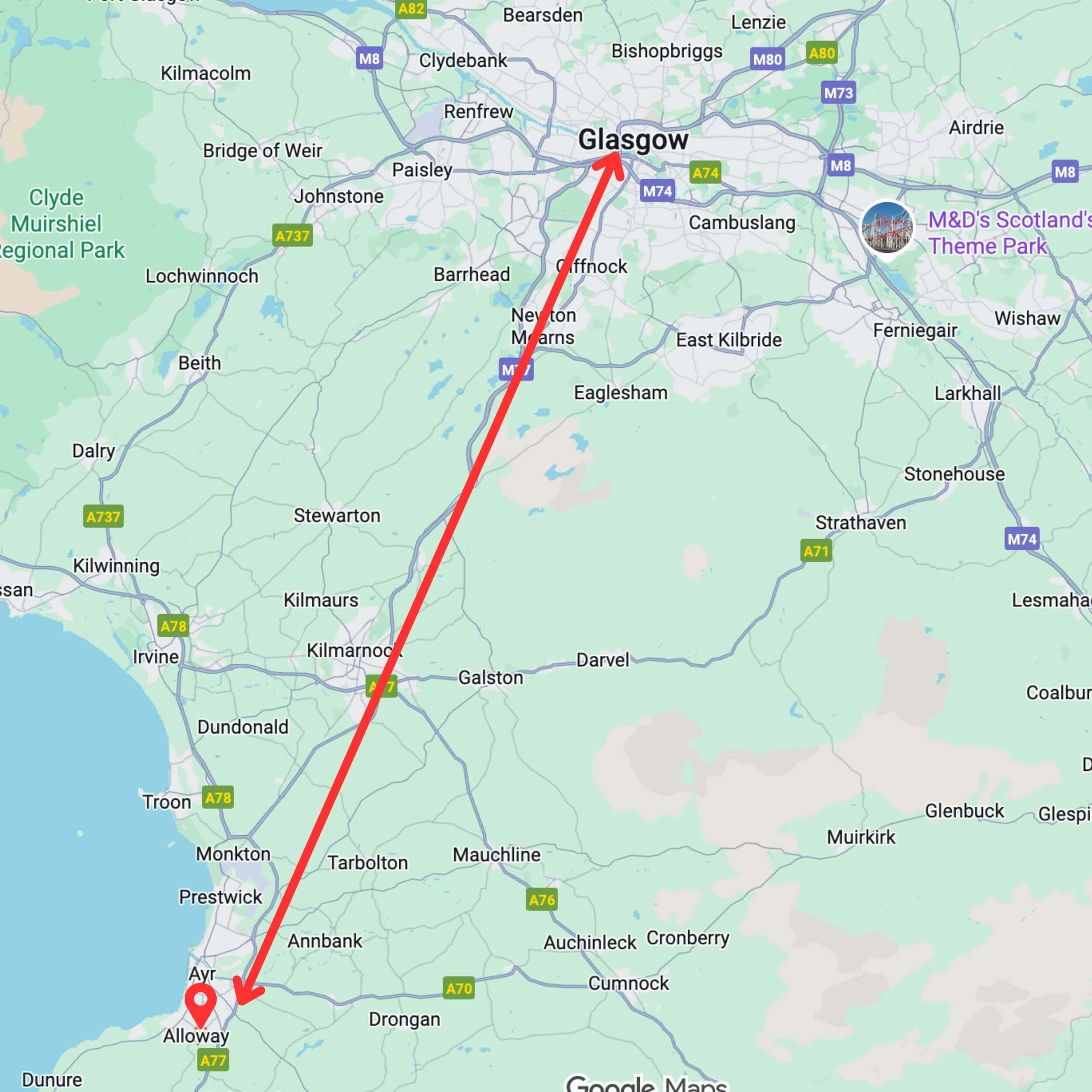 map showing private hire taxi route from glasgow to alloway