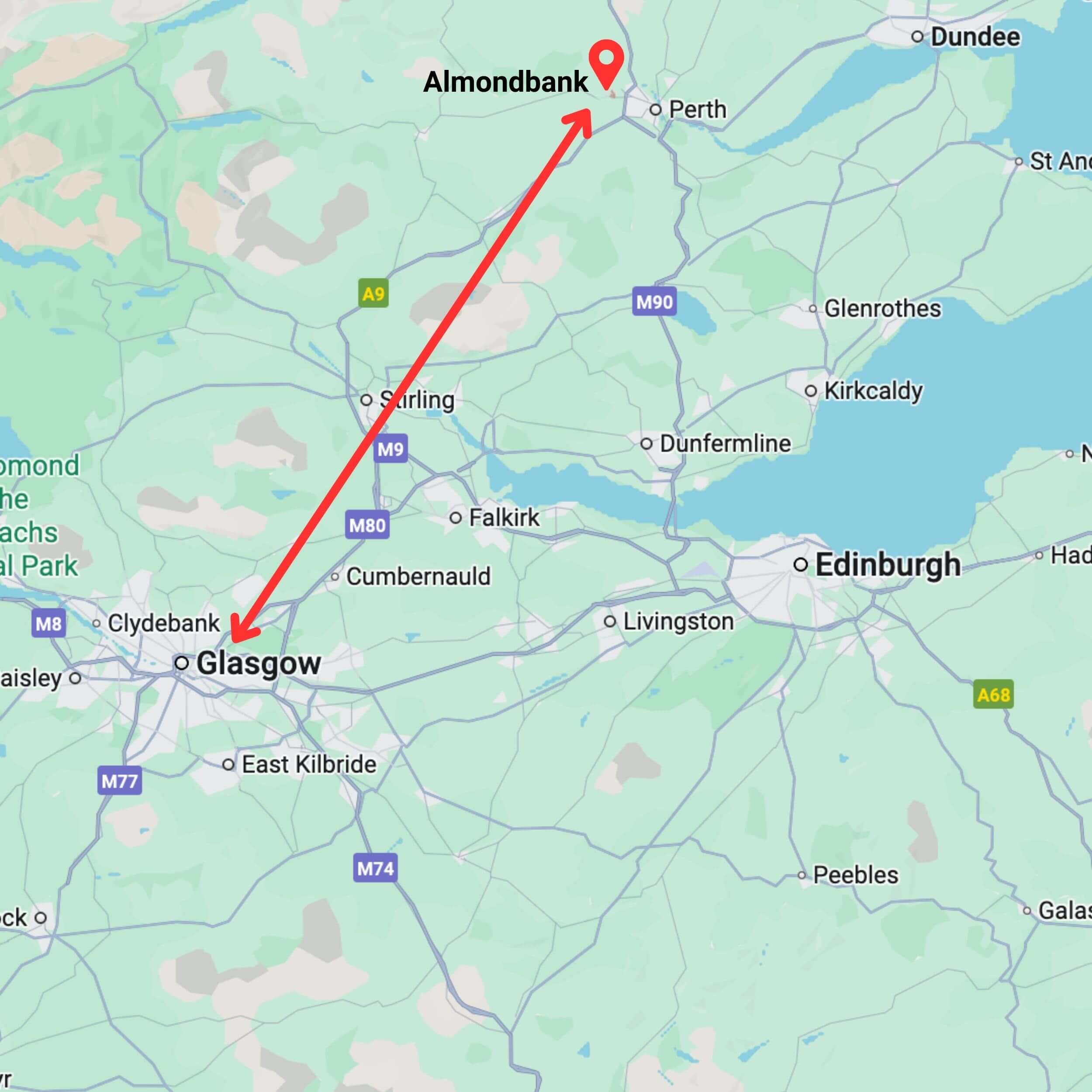 map showing private hire taxi route from glasgow to almondbank