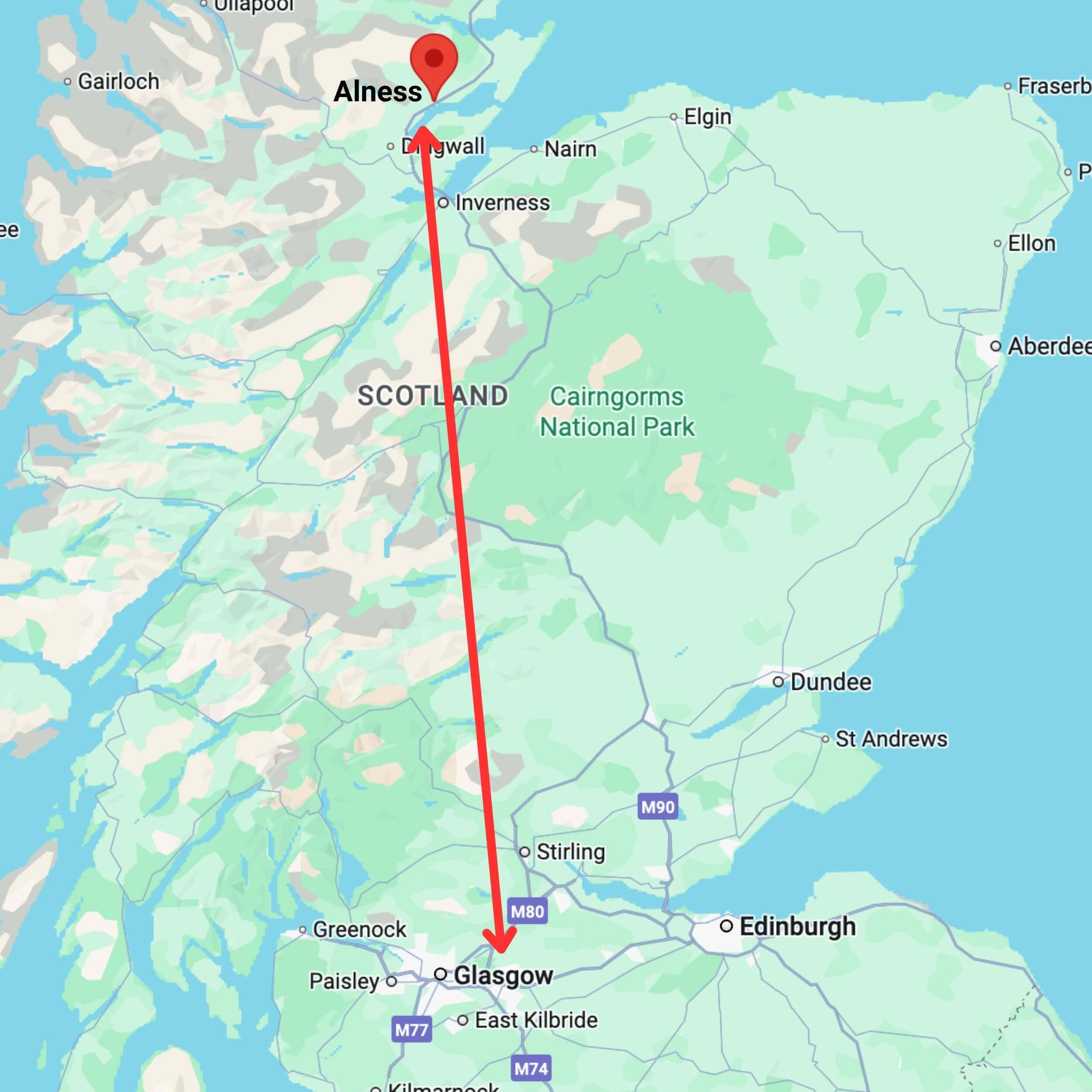 map showing private hire taxi route from glasgow to alness