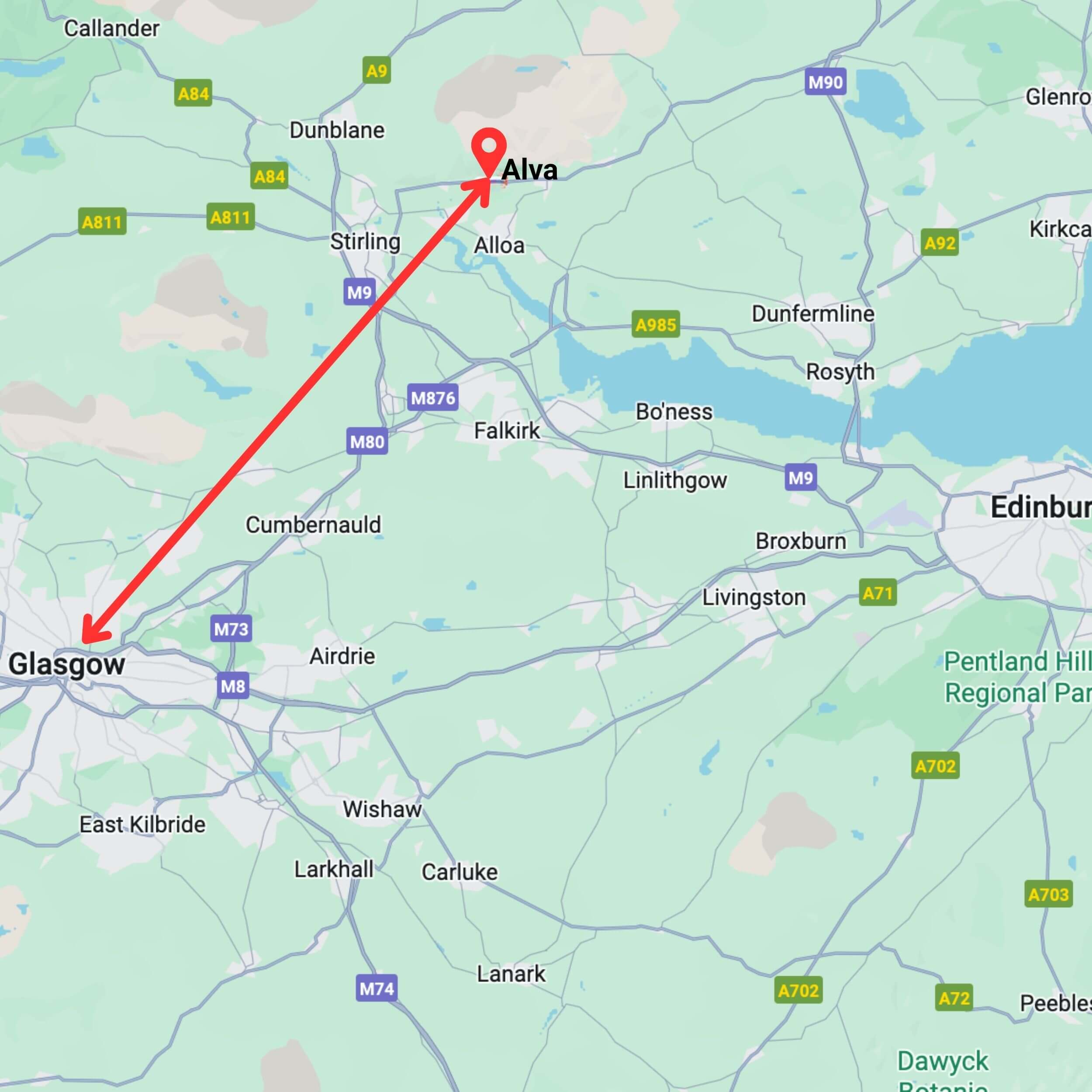 map showing private hire taxi route from glasgow to alva