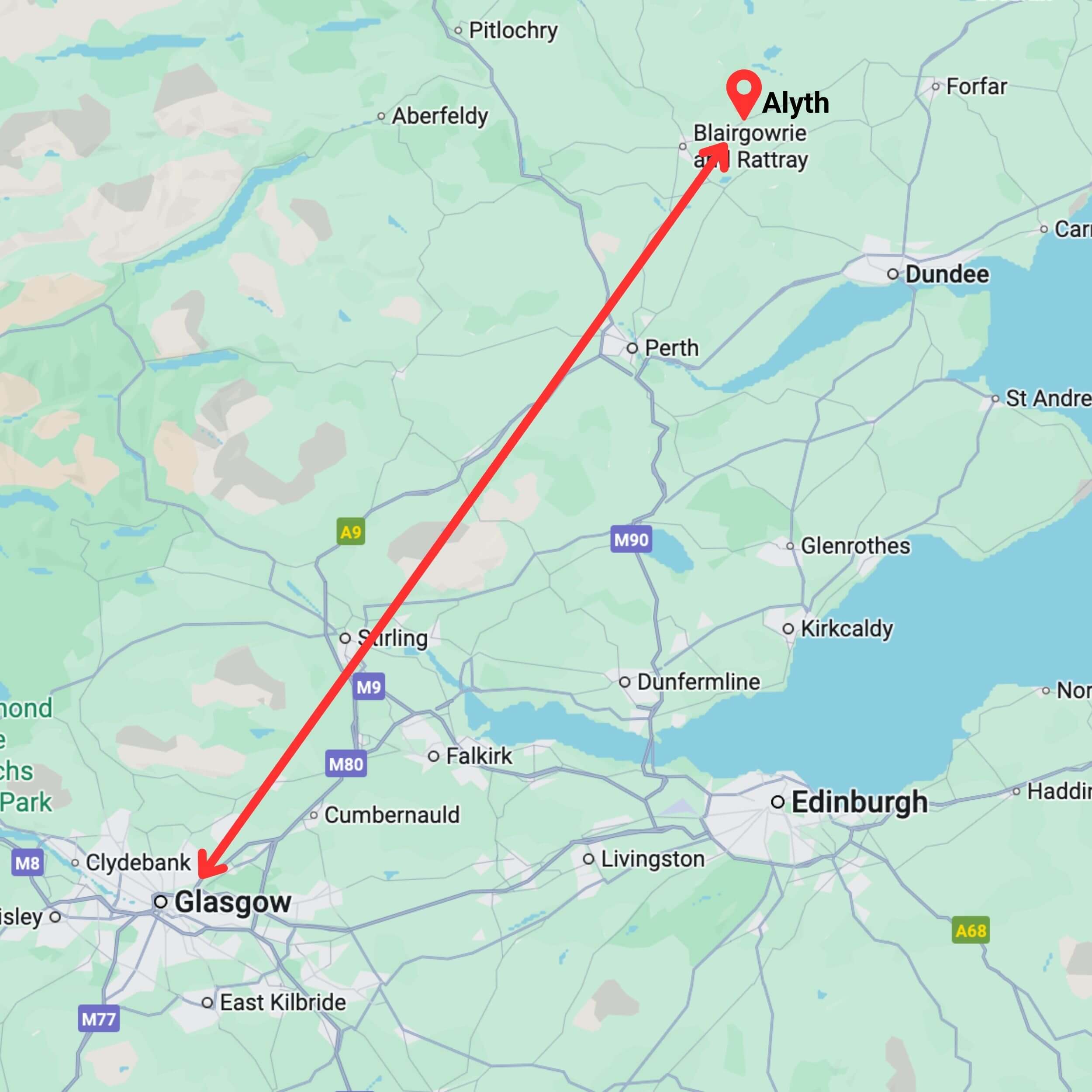 map showing private hire taxi route from glasgow to alyth