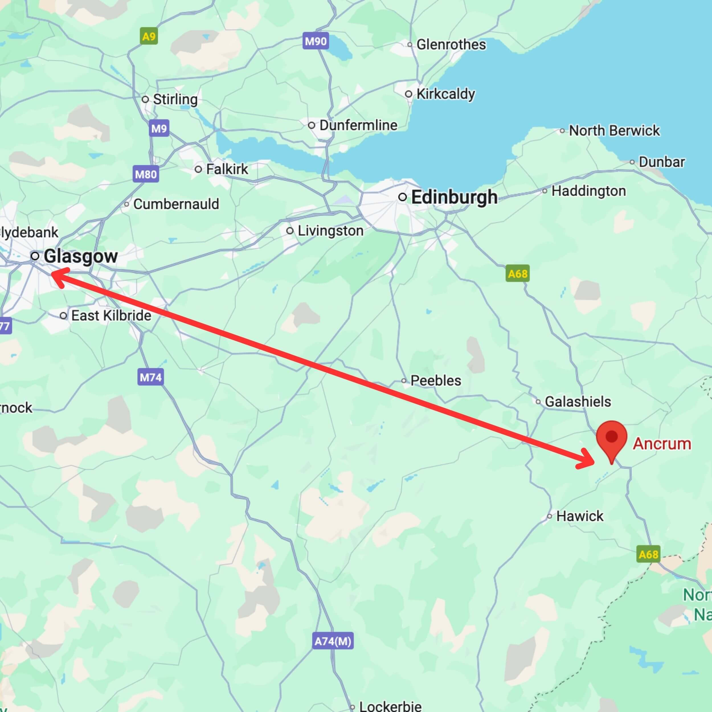 map showing private hire taxi route from glasgow to ancrum