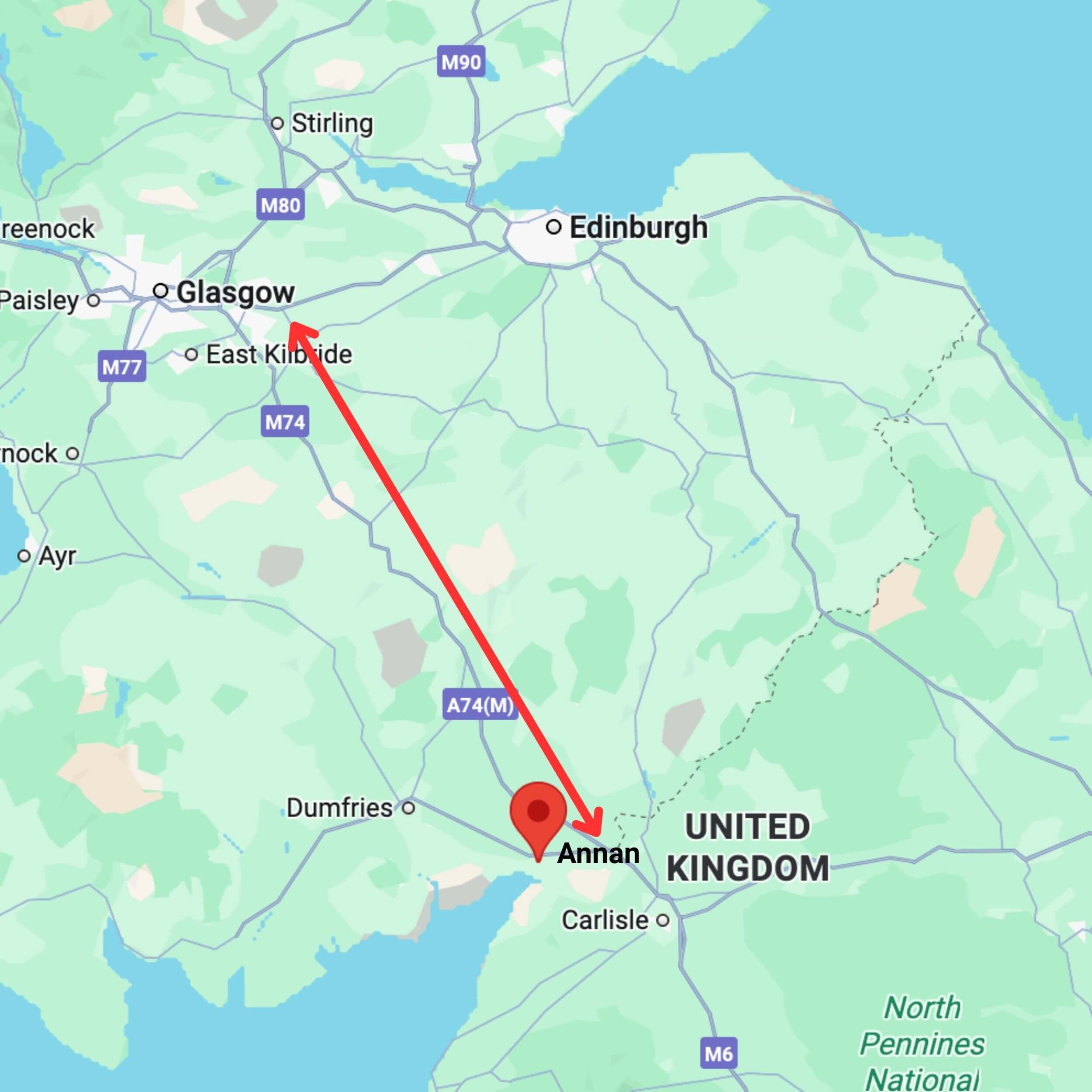 map showing private hire taxi route from glasgow to annan