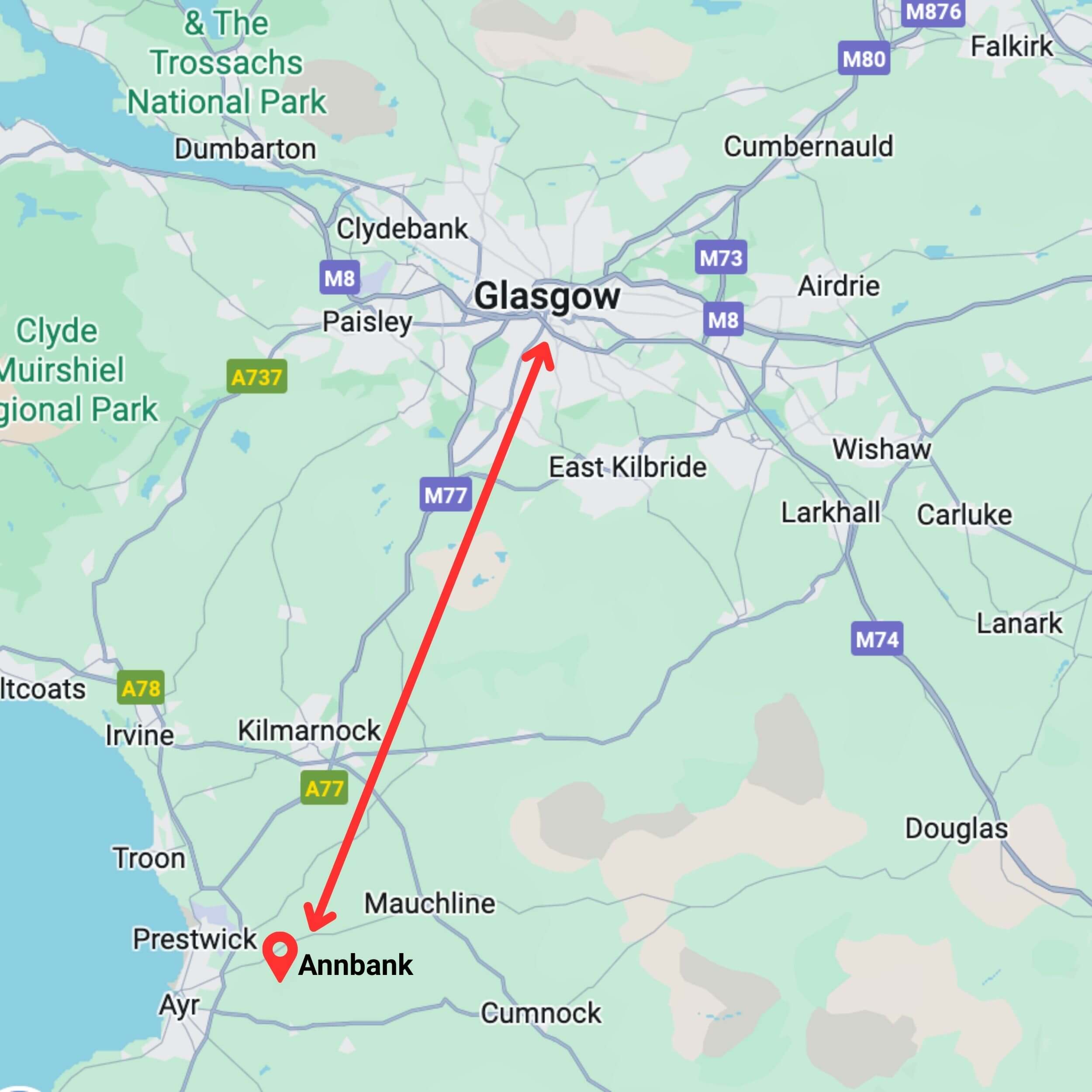 map showing private hire taxi route from glasgow to annbank