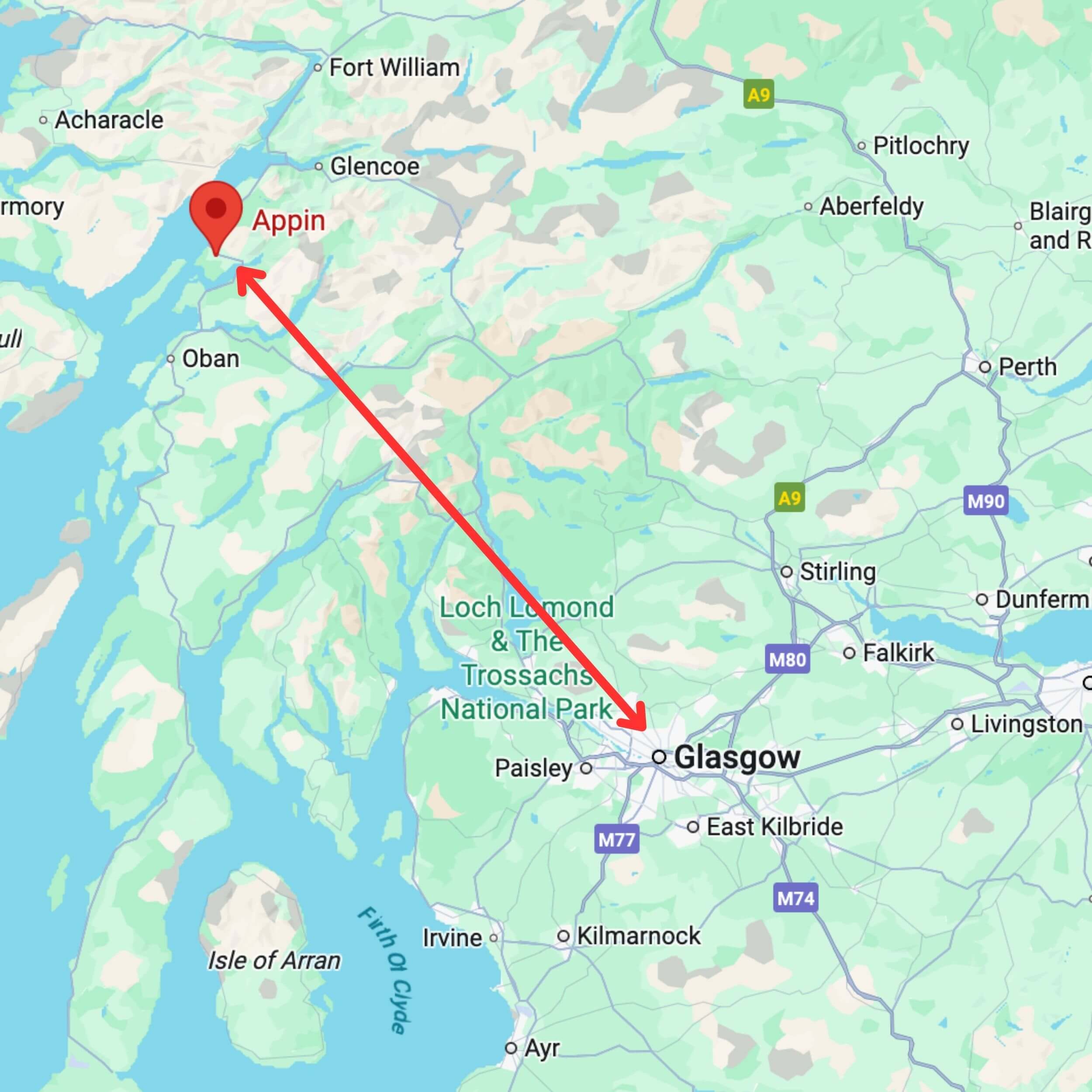 map showing private hire taxi route from glasgow to appin