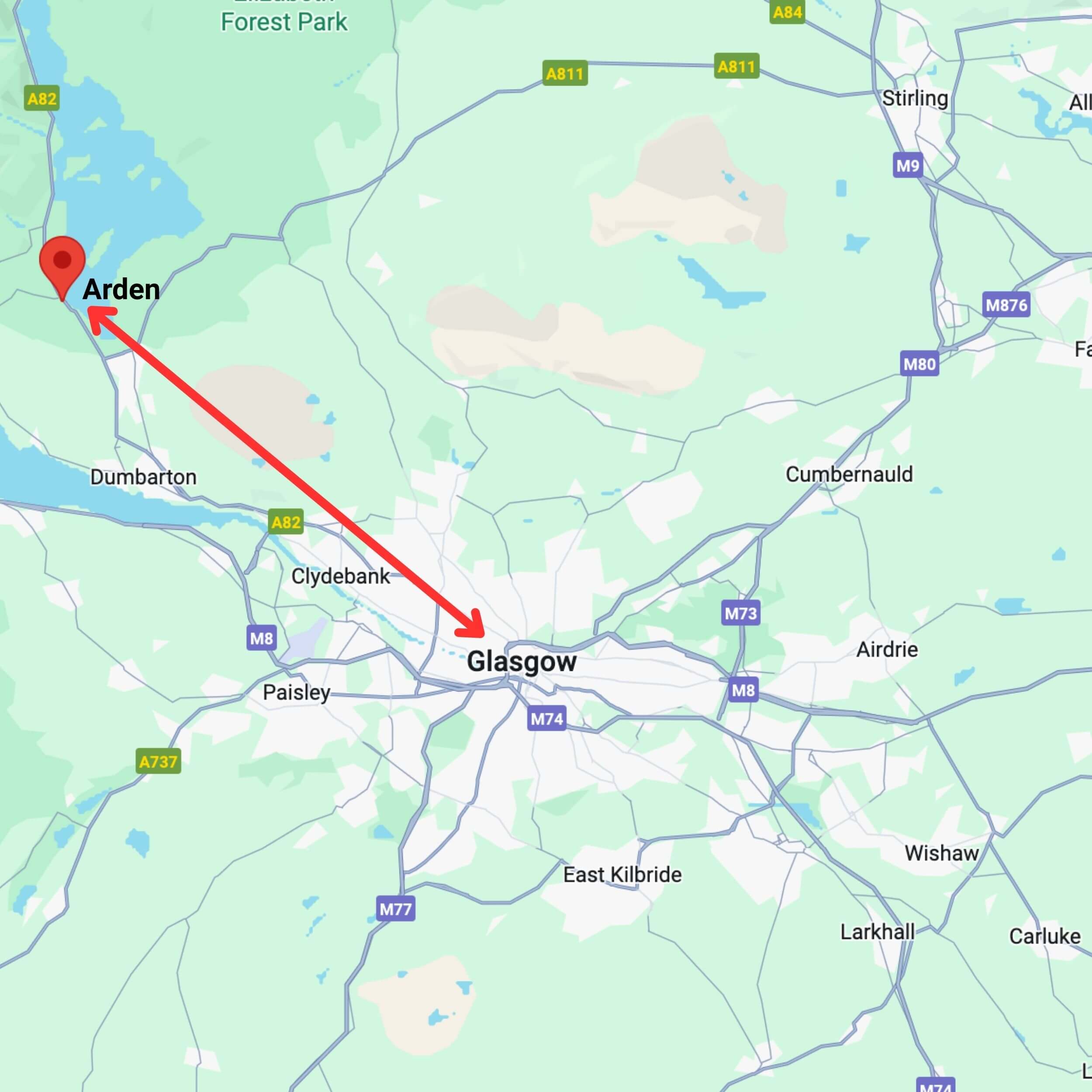 map showing private hire taxi route from glasgow to arden