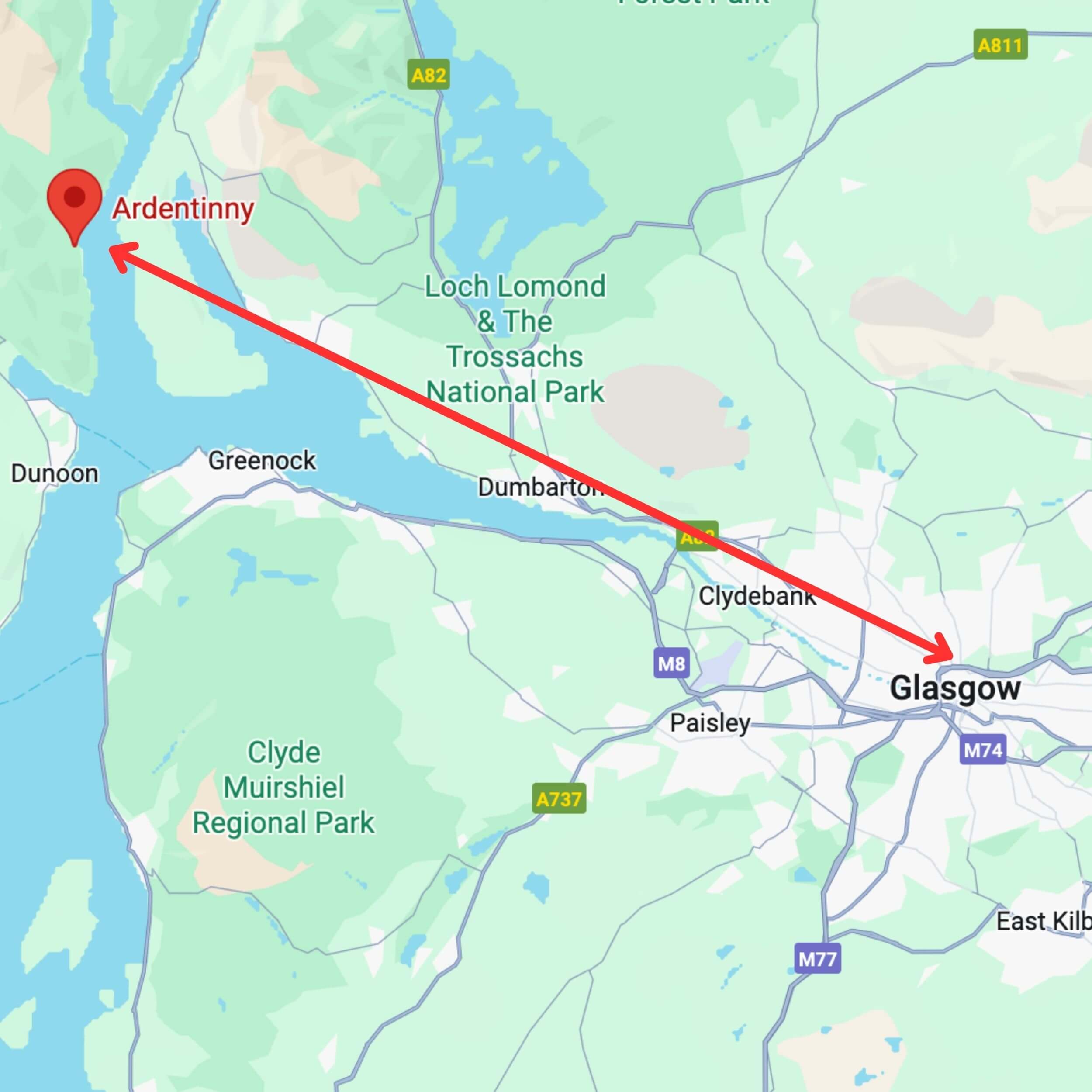 map showing private hire taxi route from glasgow to ardentinny