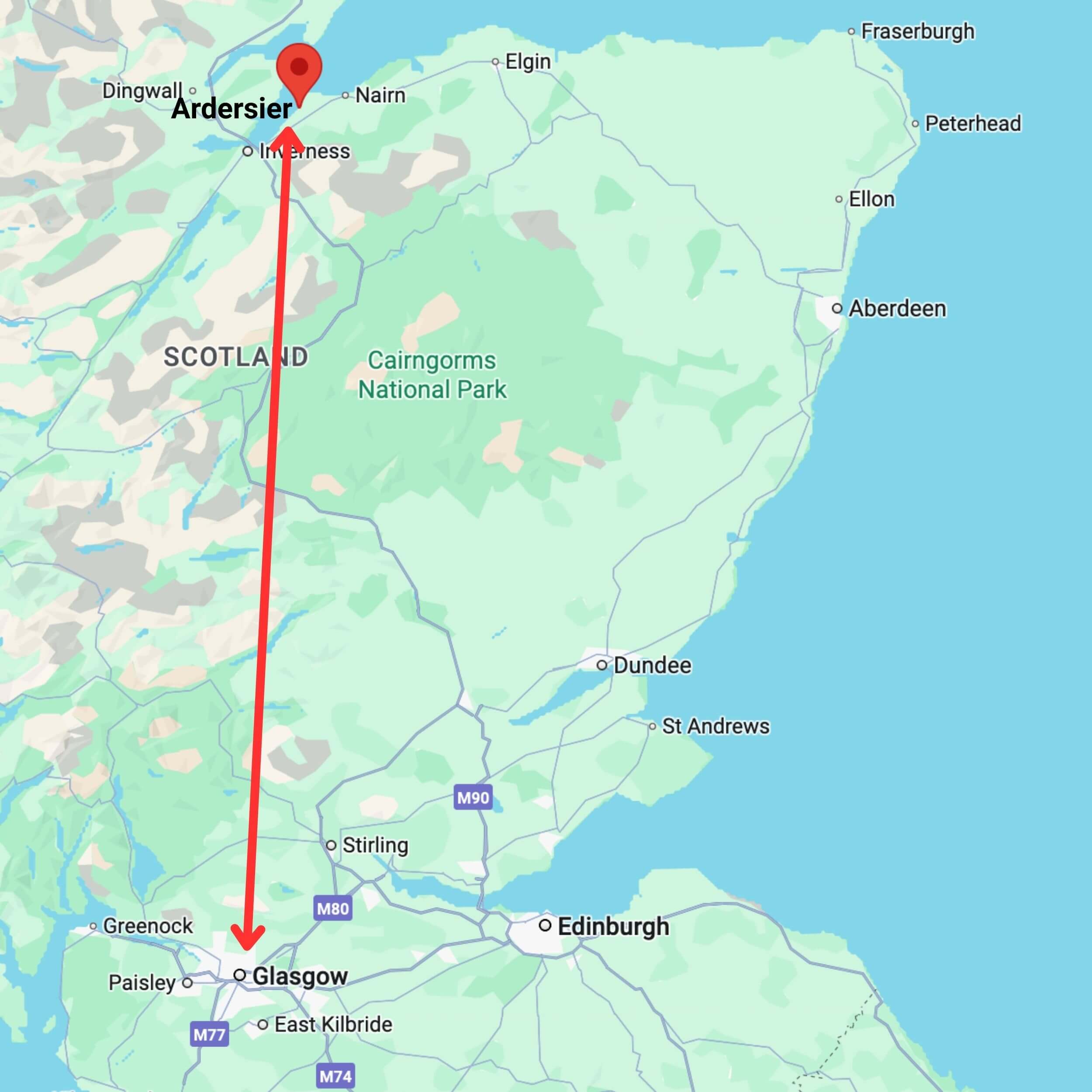 map showing private hire taxi route from glasgow to ardersier
