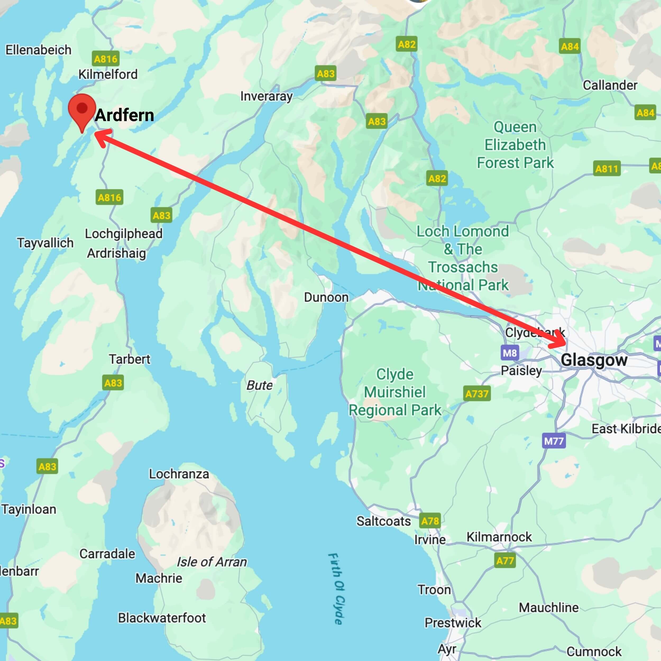 map showing private hire taxi route from glasgow to ardfern