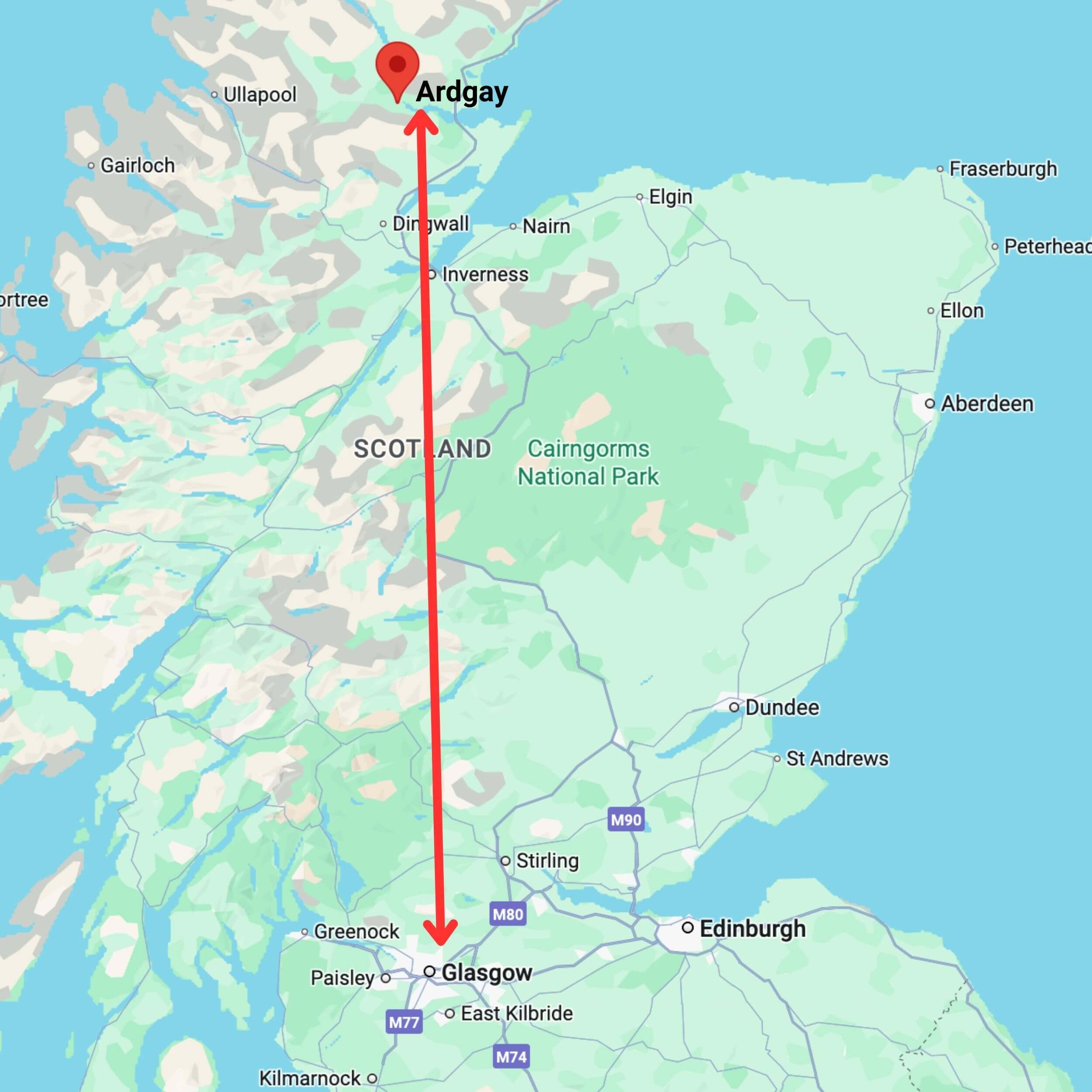 map showing private hire taxi route from glasgow to ardgay