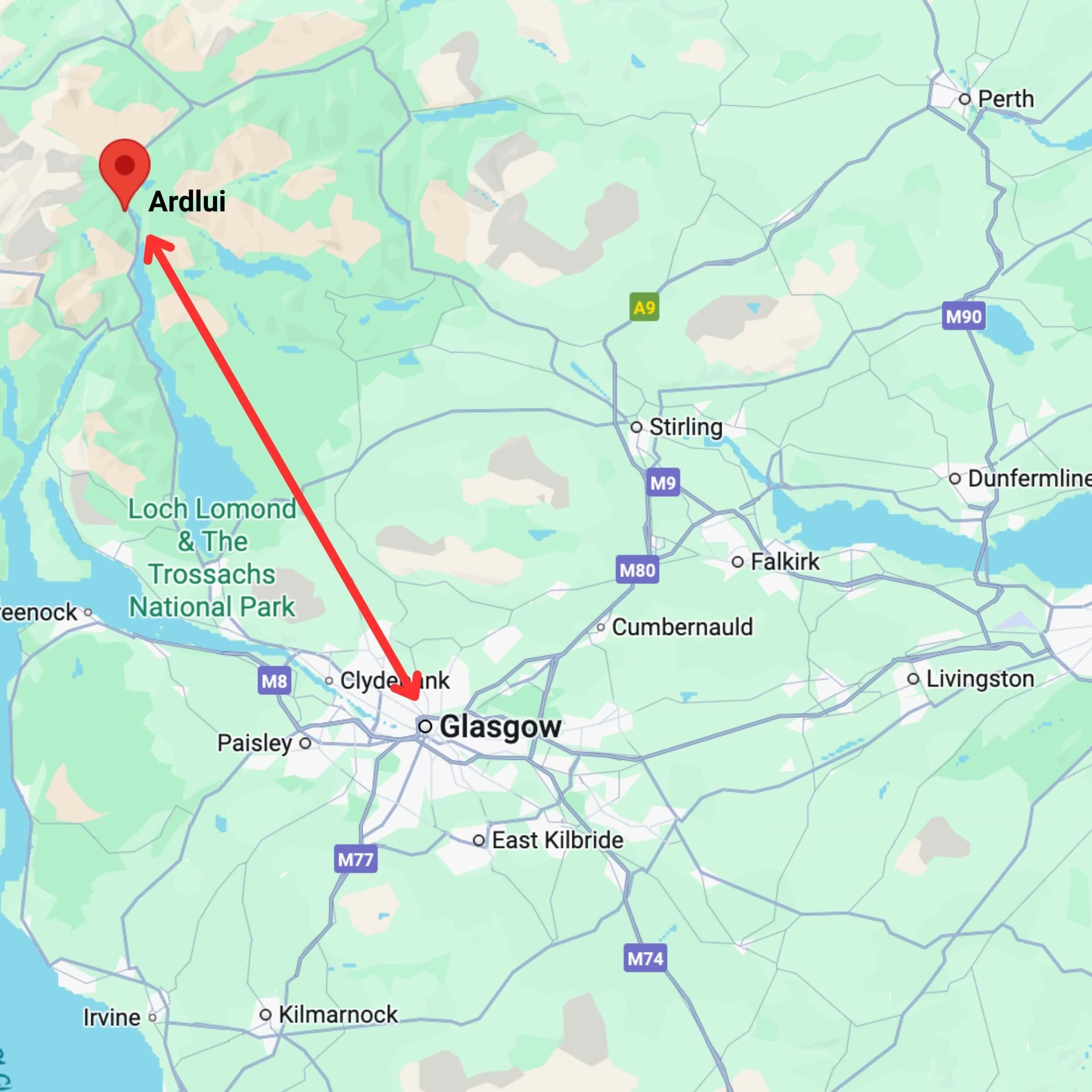 map showing private hire taxi route from glasgow to ardlui