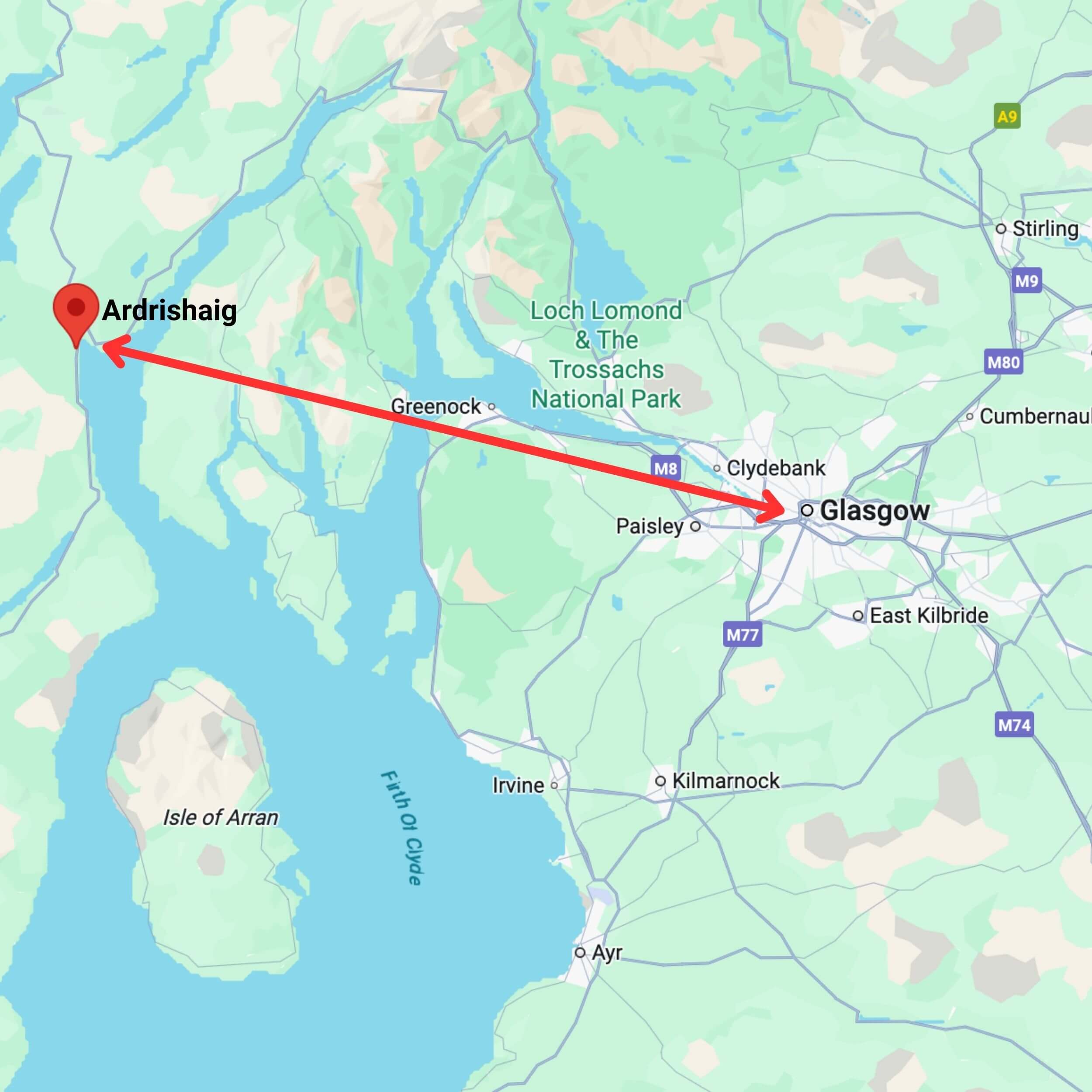 map showing private hire taxi route from glasgow to ardrishaig