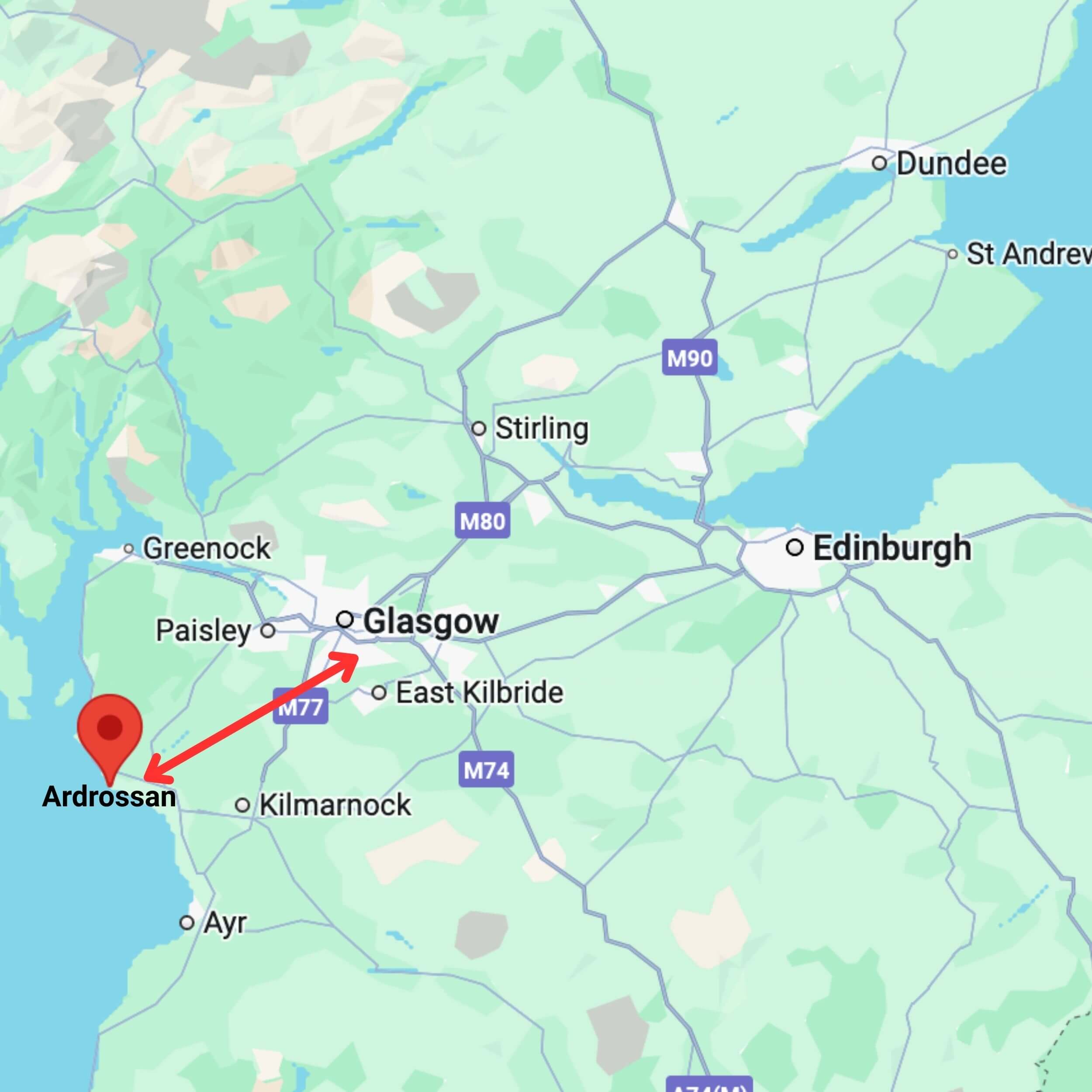 map showing private hire taxi route from glasgow to ardrossan