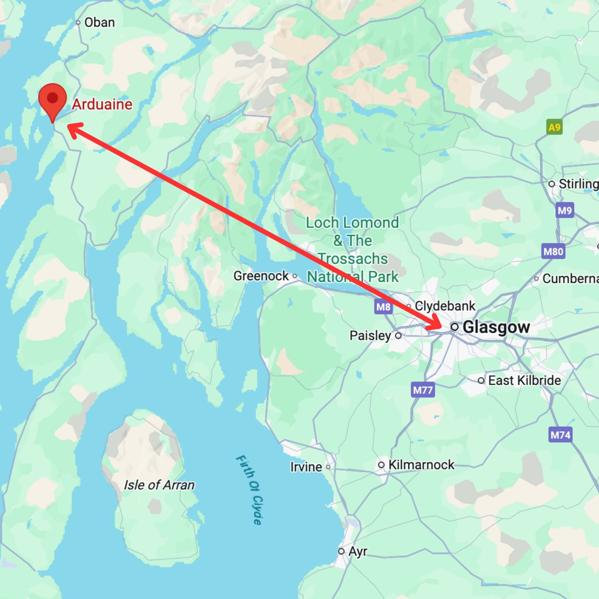 map showing private hire taxi route from glasgow to arduaine