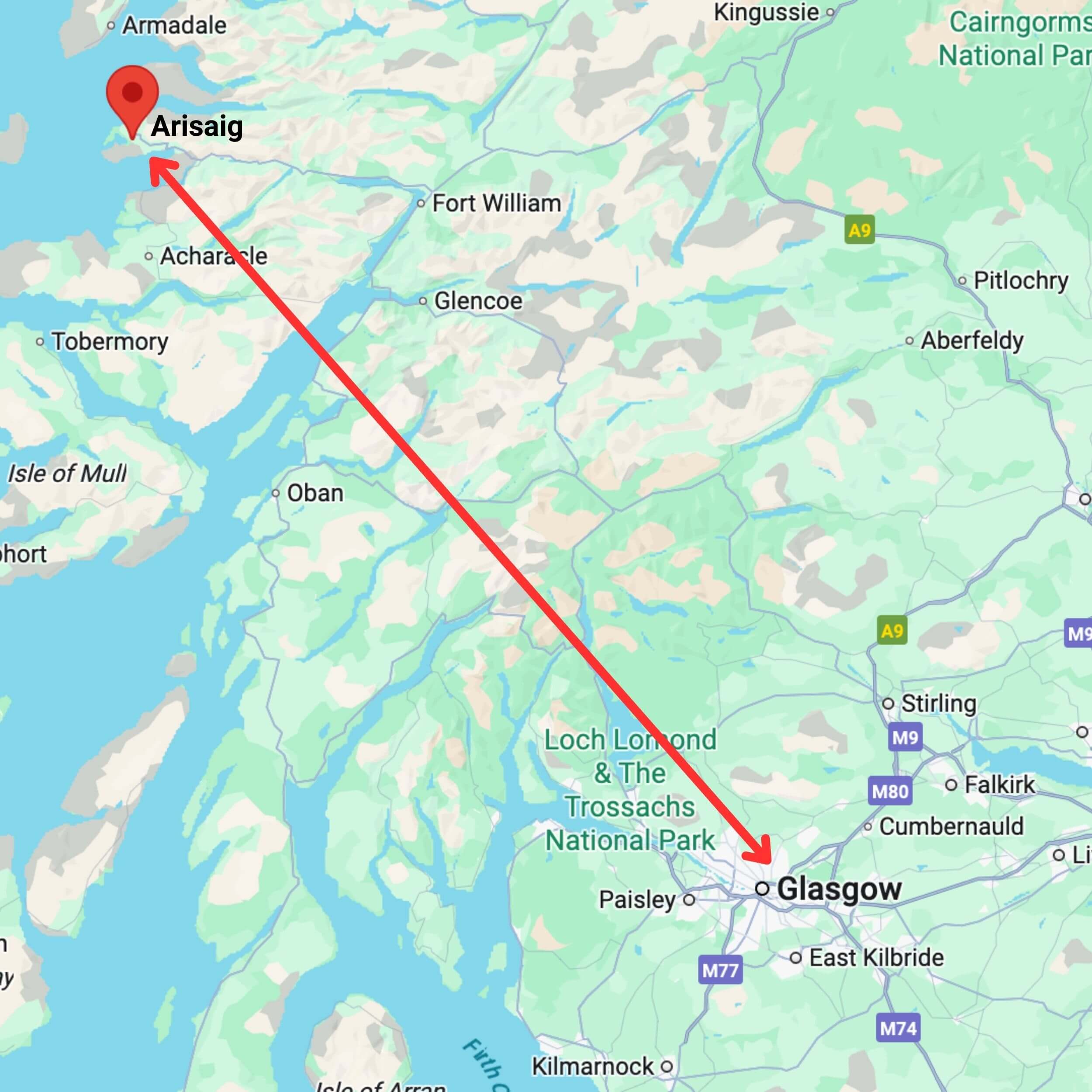 map showing private hire taxi route from glasgow to arisaig