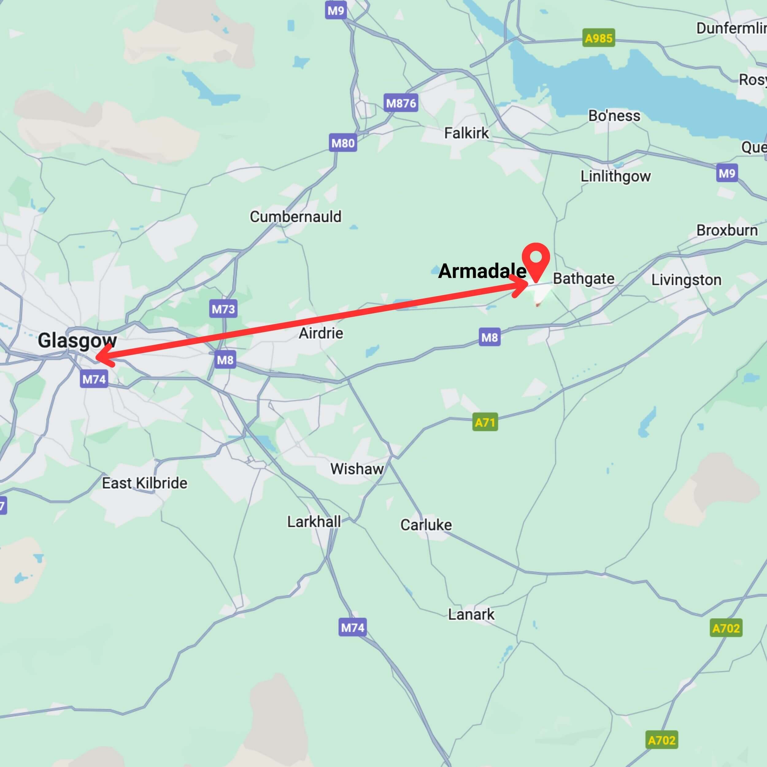 map showing private hire taxi route from glasgow to armadale