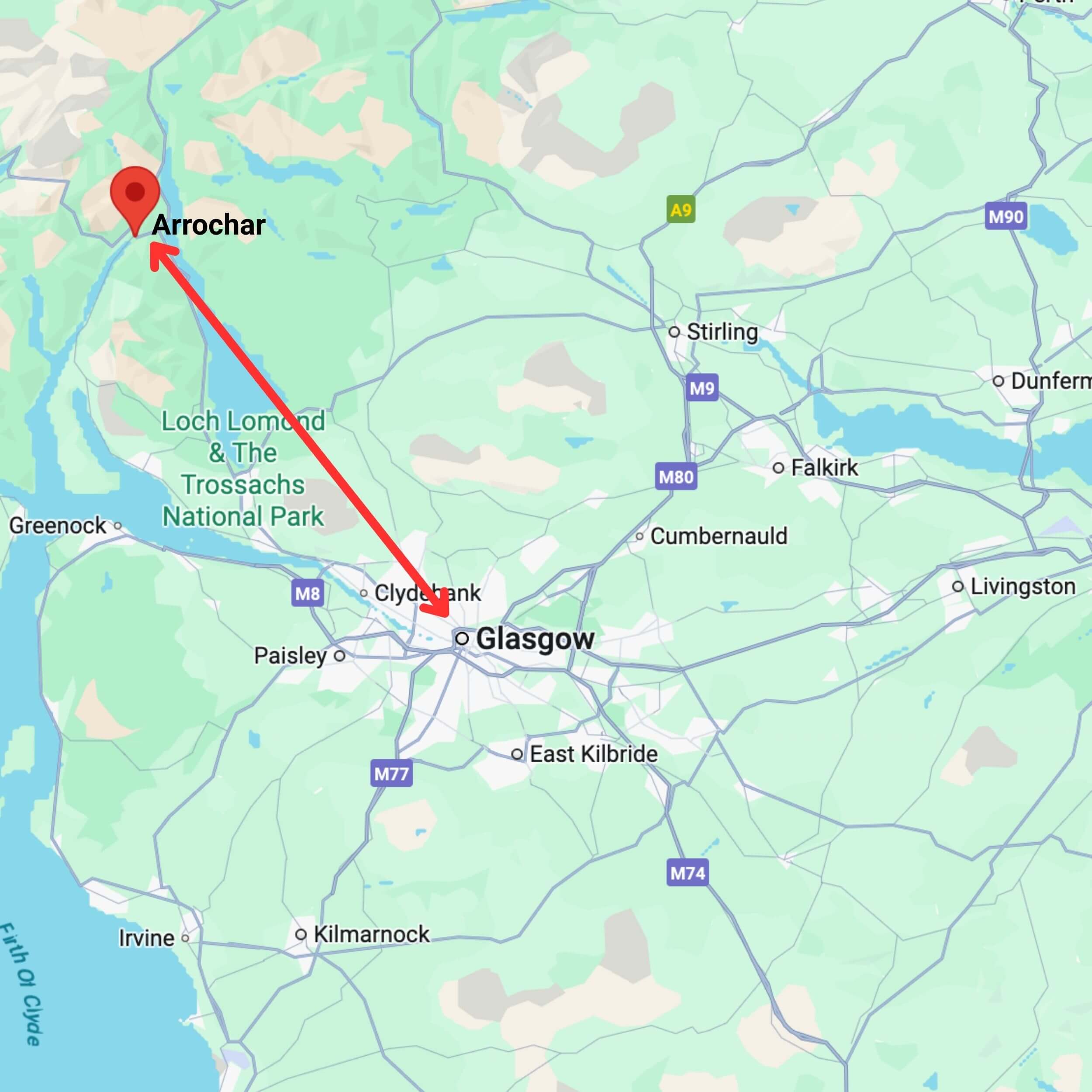 map showing private hire taxi route from glasgow to arrochar