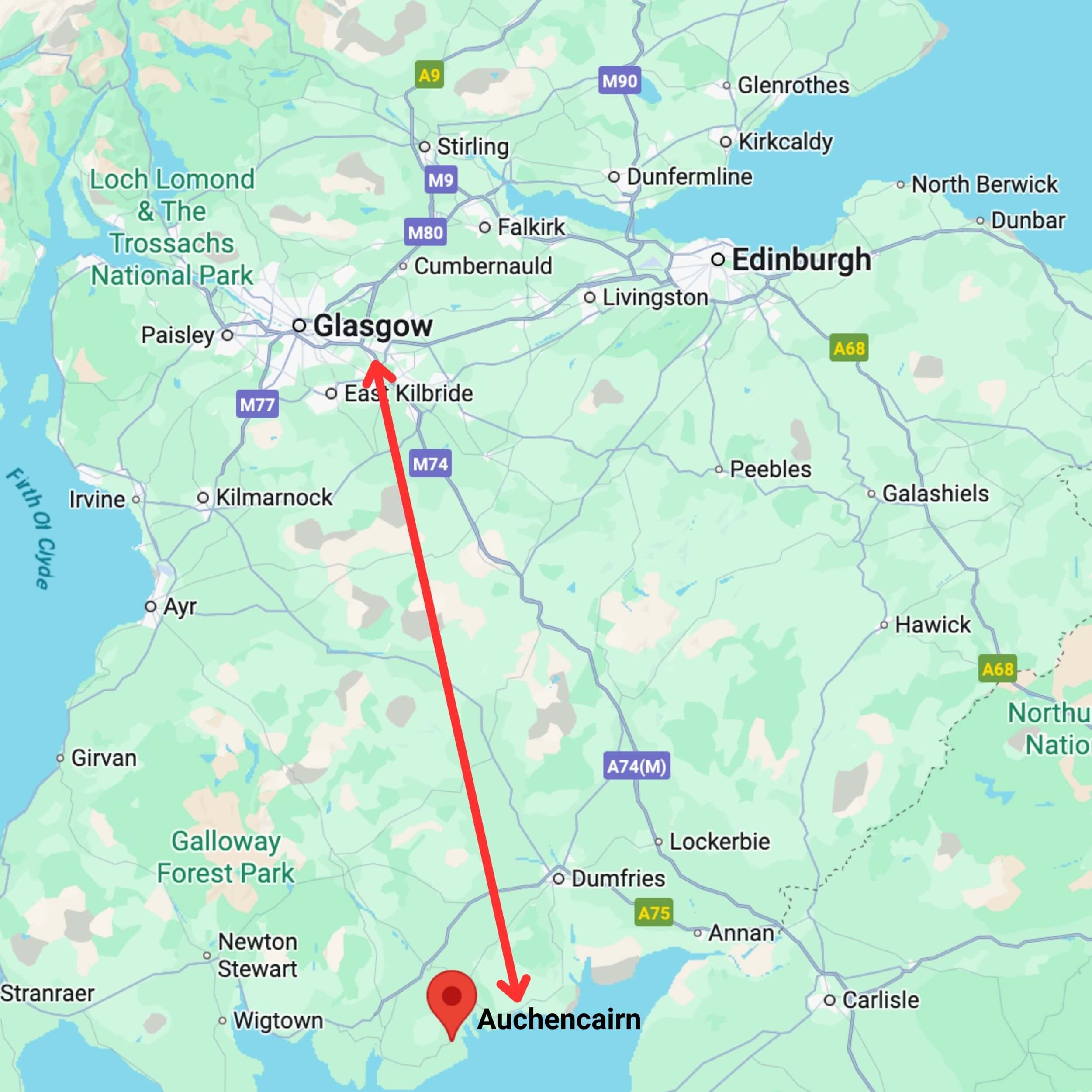 map showing private hire taxi route from glasgow to auchencairn