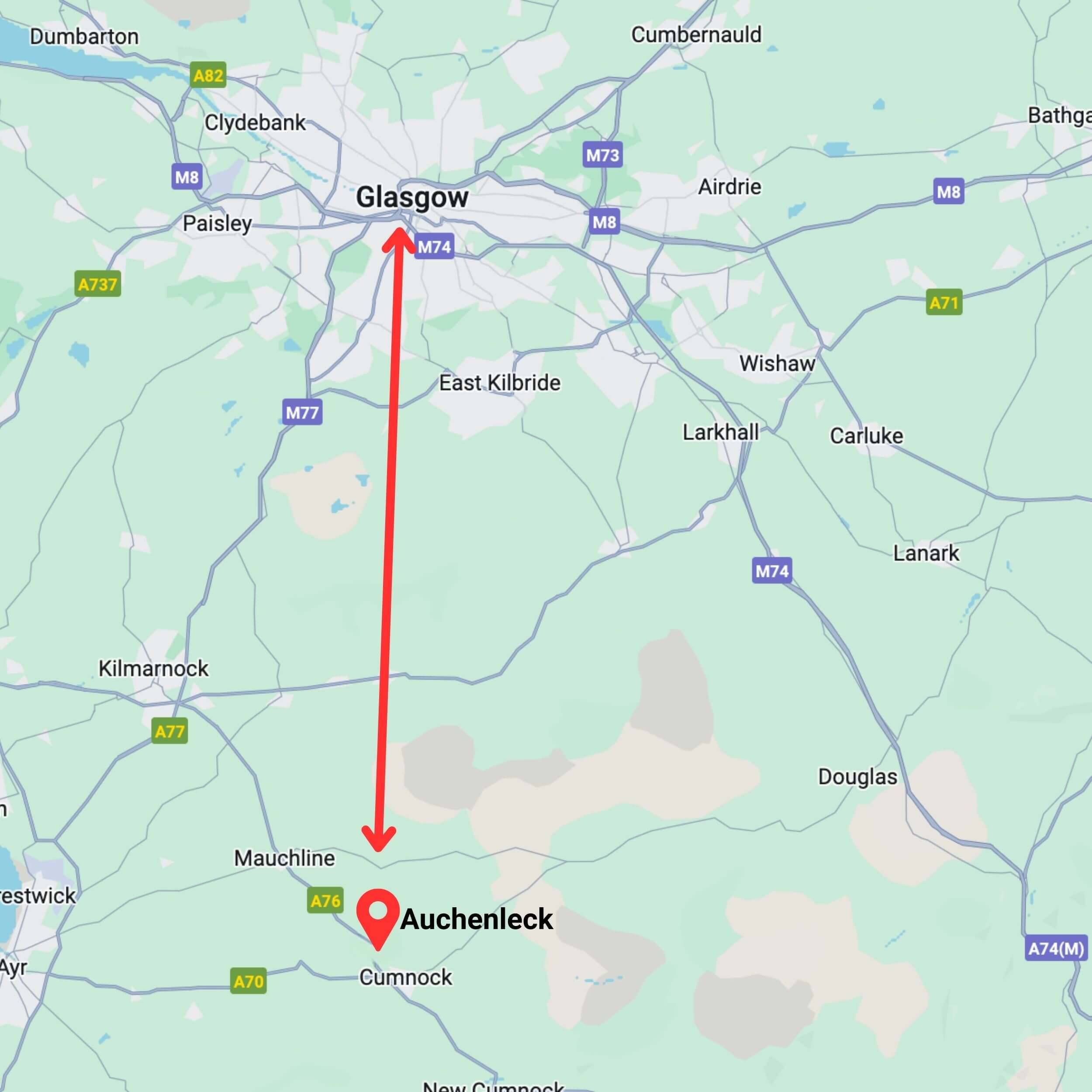 map showing private hire taxi route from glasgow to auchenleck