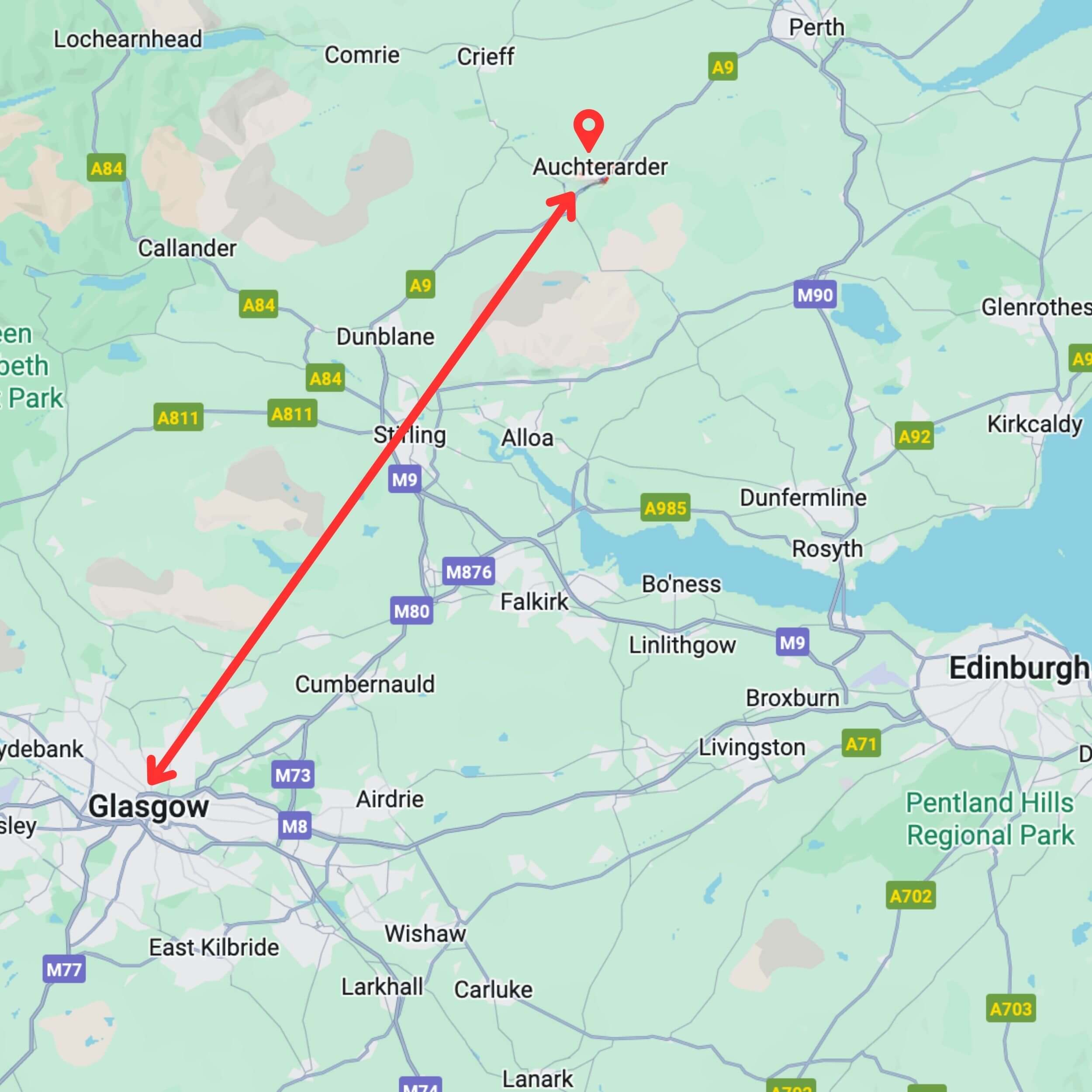 map showing private hire taxi route from glasgow to auchterarder