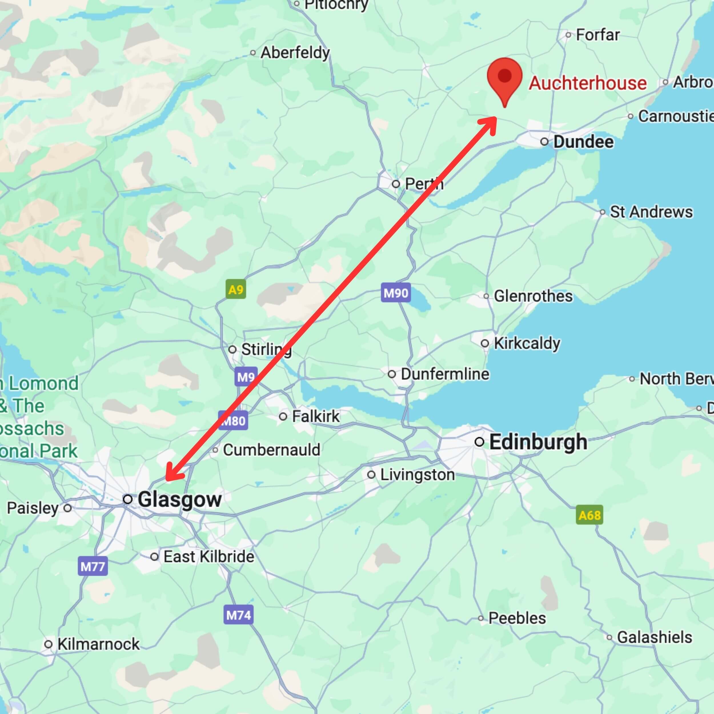 map showing private hire taxi route from glasgow to auchterhouse