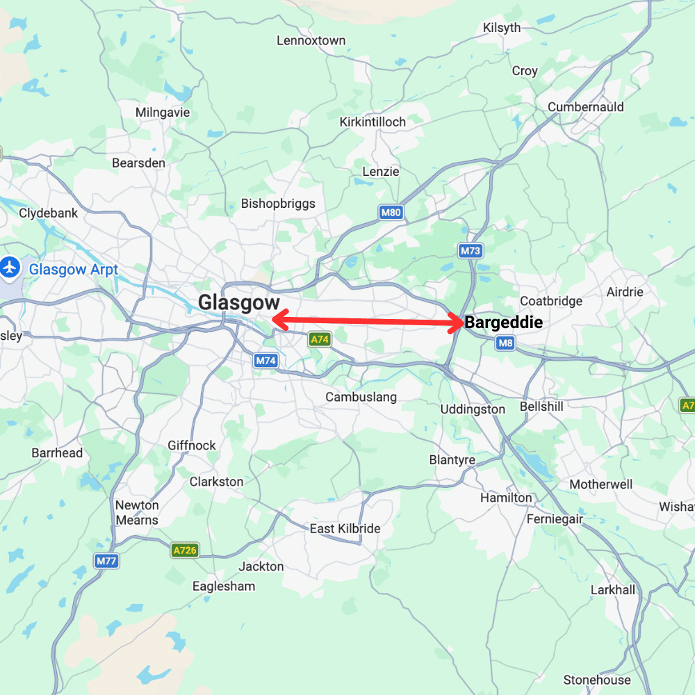 Bargeddie map showing glasgow and bargeddie with an arrow between the two locations